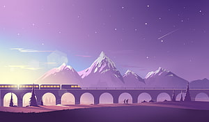 Purple Train Crossing Viaduct at Night with Snowy Mountains and Starry Sky HD wallpaper