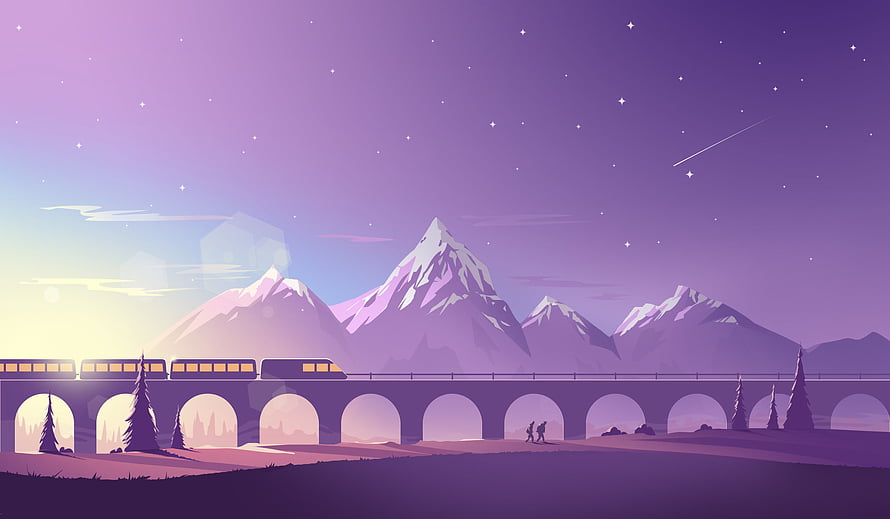 Purple Train Crossing Viaduct at Night with Snowy Mountains and Starry Sky HD wallpaper