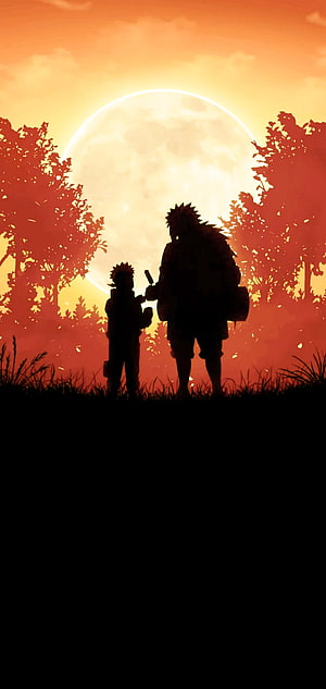 Naruto and Jiraiya Silhouette Sharing a Popsicle Under a Giant Moon HD phone wallpaper