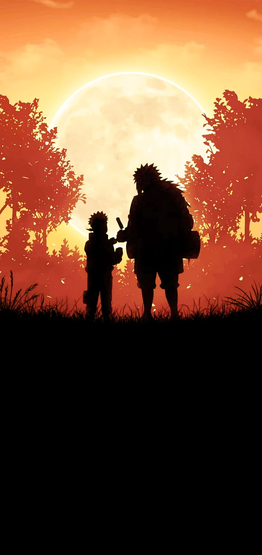 Naruto and Jiraiya Silhouette Sharing a Popsicle Under a Giant Moon HD phone wallpaper