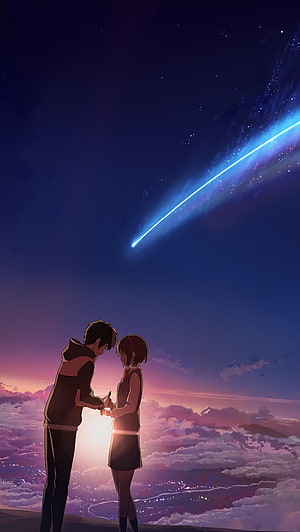 Anime Couple Watching a Bright Blue Comet Over a Cloudy Cityscape at Twilight HD phone wallpaper
