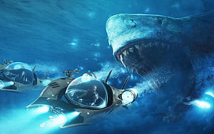 Megalodon Shark Confronting Submersibles in Deep Ocean Water HD wallpaper