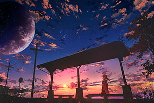 Anime Girl at Bus Stop Under Giant Moon and Starry Sunset Sky HD wallpaper