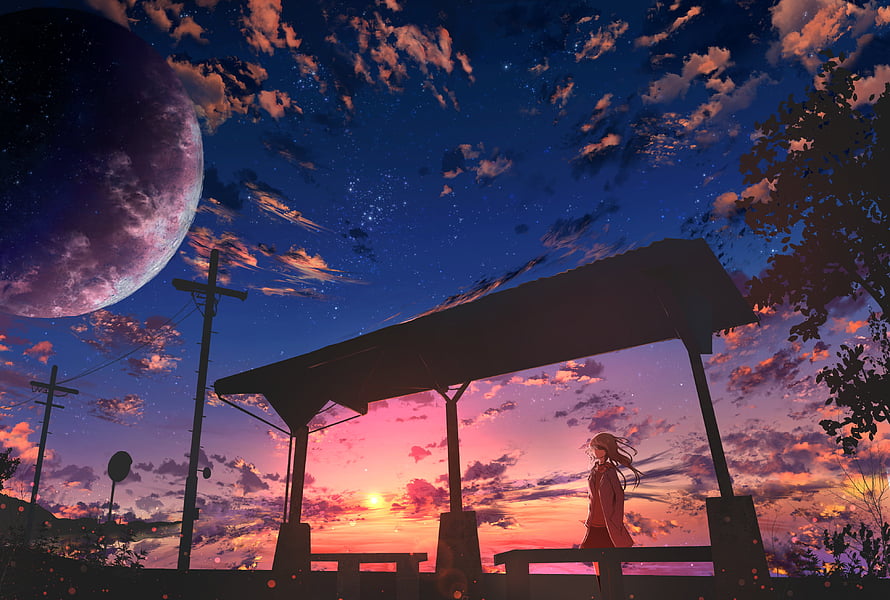 Anime Girl at Bus Stop Under Giant Moon and Starry Sunset Sky HD wallpaper