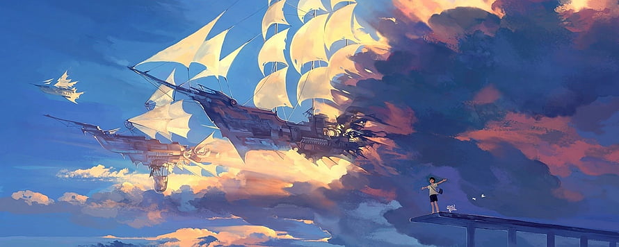 Anime Boy Watching Giant Airship Sail Through Sunset Clouds HD wallpaper