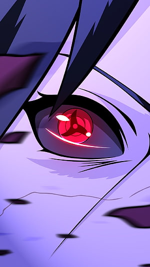 Itachi Uchiha Sharingan Eye Close-Up in Purple and Red Anime Style HD phone wallpaper