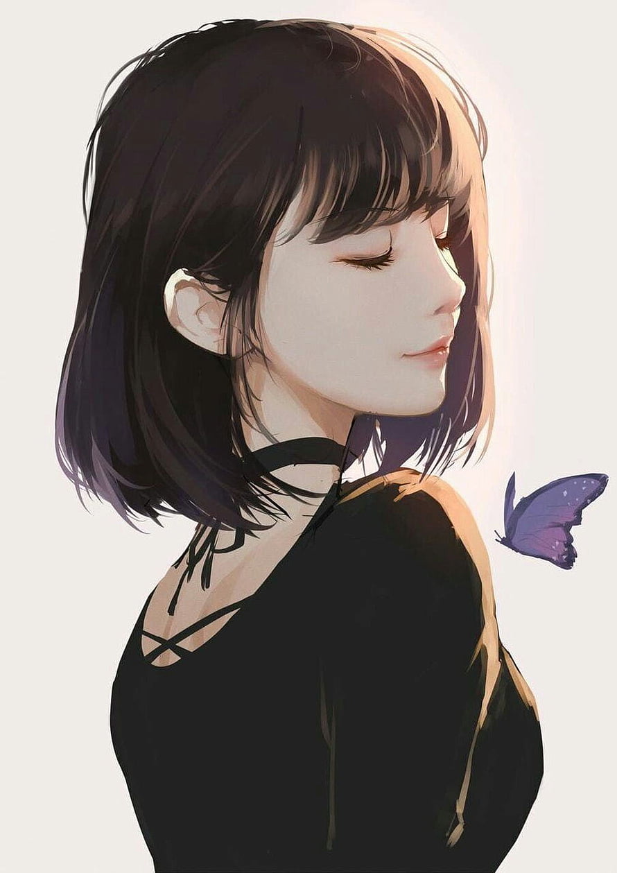 Anime Girl With Short Black Hair And Purple Butterfly HD phone wallpaper