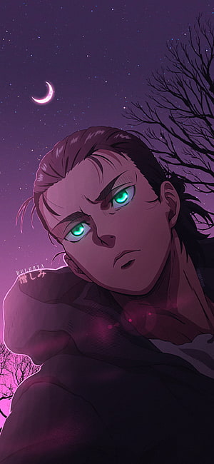 Bullehya Anime Character Portrait with Glowing Green Eyes Under Starry Night Sky HD phone wallpaper