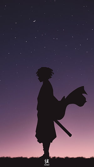 Silhouette of Tanjiro Kamado from Demon Slayer Standing Under Starry Night Sky HD phone wallpaper