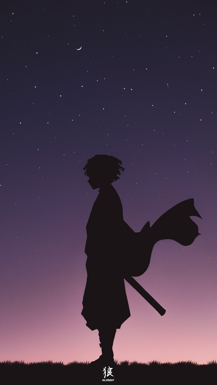 Silhouette of Tanjiro Kamado from Demon Slayer Standing Under Starry Night Sky HD phone wallpaper
