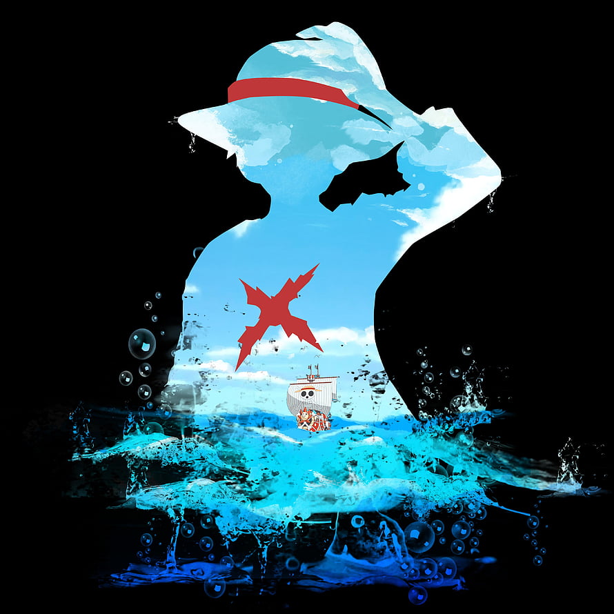One Piece Marine Silhouette with Going Merry Ship and Water Splash Art HD phone wallpaper