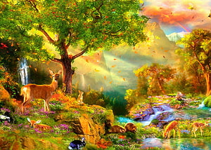 Magical Forest Landscape With Deer, Rabbits, Rainbow And Waterfall HD wallpaper