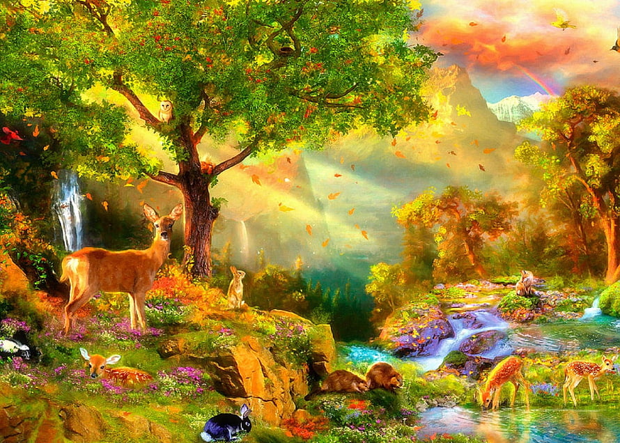 Magical Forest Landscape With Deer, Rabbits, Rainbow And Waterfall HD wallpaper