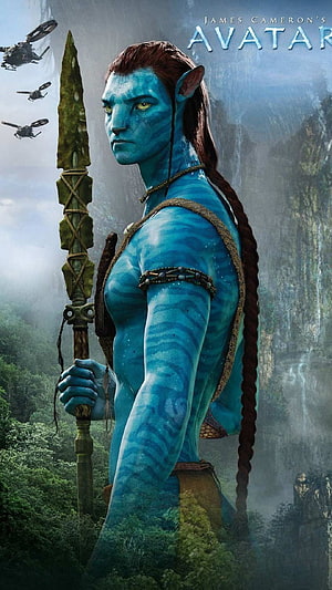 Jake Sully Avatar Movie Character Blue Na'vi Warrior Holding Spear HD phone wallpaper