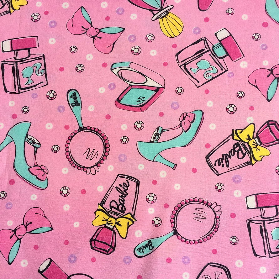 Barbie Beauty Accessories Pattern with High Heels, Perfume, and Hand Mirror on Pink Background HD phone wallpaper
