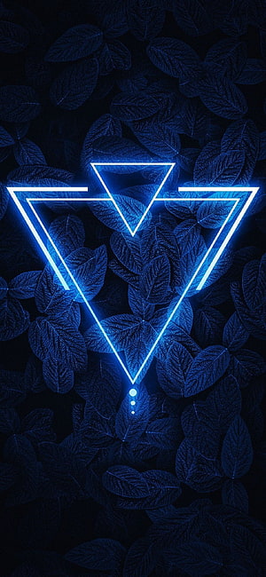 Neon Blue Triangle Symbol on Dark Leafy Background HD phone wallpaper