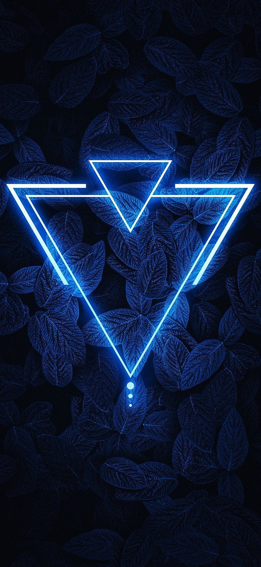 Neon Blue Triangle Symbol on Dark Leafy Background HD phone wallpaper