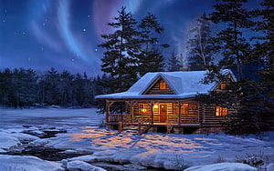 Cozy Log Cabin in Snowy Forest at Night with Aurora Borealis and Frozen Lake HD wallpaper