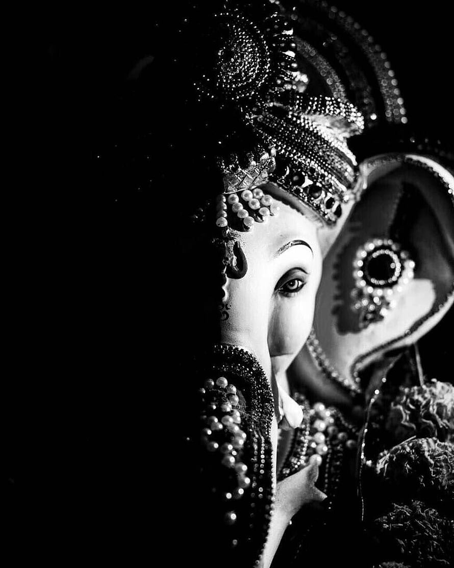 Black and White Portrait of Lord Ganesha with Intricate Jewelry and Crown HD phone wallpaper