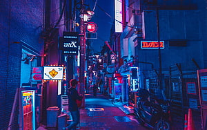 Neon-Lit Tokyo Alleyway at Night with Vibrant Blue and Pink City Lights HD wallpaper