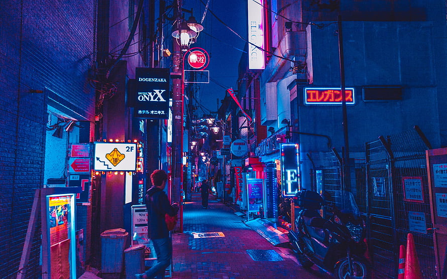 Neon-Lit Tokyo Alleyway at Night with Vibrant Blue and Pink City Lights HD wallpaper