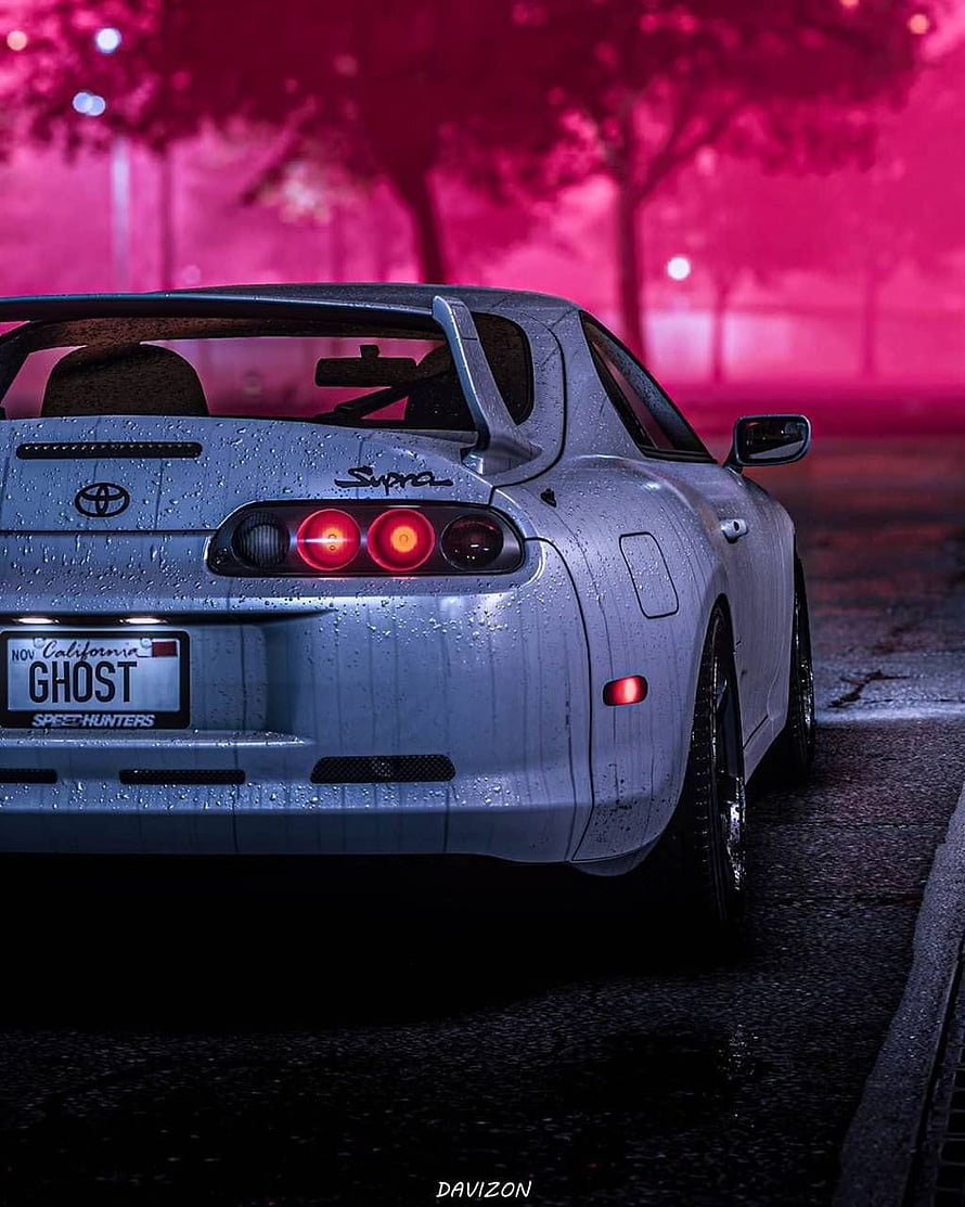 Silver Toyota Supra MK4 Rear View in Neon Pink Night Rain HD phone wallpaper