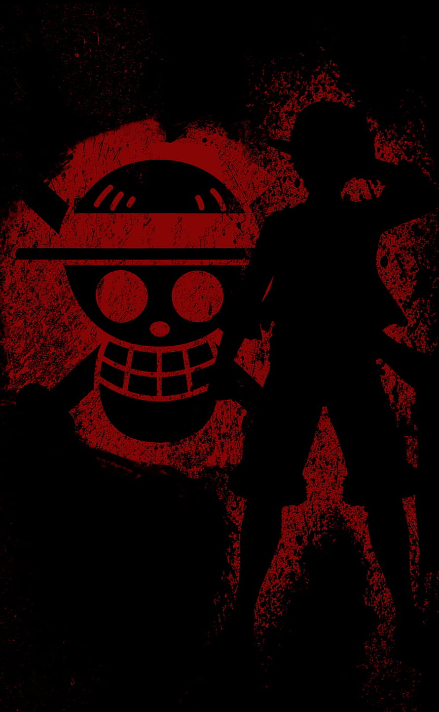 Monkey D. Luffy Silhouette With Straw Hat Pirates Jolly Roger Red Background HD phone wallpaper