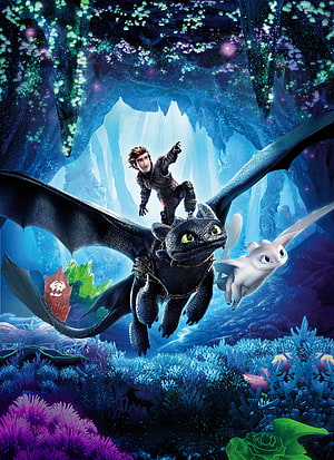Hiccup and Toothless Soaring Through Bioluminescent Cavern in How to Train Your Dragon HD phone wallpaper