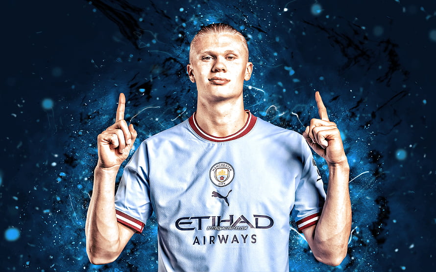 Erling Haaland Manchester City Portrait Wallpaper, Erling Braut Haaland, joy, blue neon lights, Manchester City FC, Norwegian footballers, soccer, Premier League, football, Erling Haaland, Man City, Erling Braut Haaland Manchester City, Erling Braut Haaland HD wallpaper