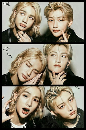 Stray Kids Felix and Hyunjin Blonde Hair Studio Portrait Collage HD phone wallpaper