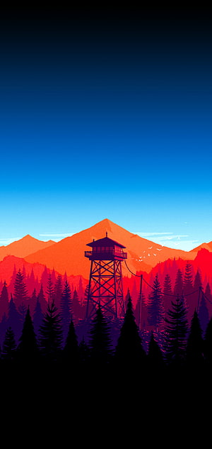 Vibrant Vector Illustration of a Fire Lookout Tower in a Pine Forest with Orange Mountains HD phone wallpaper