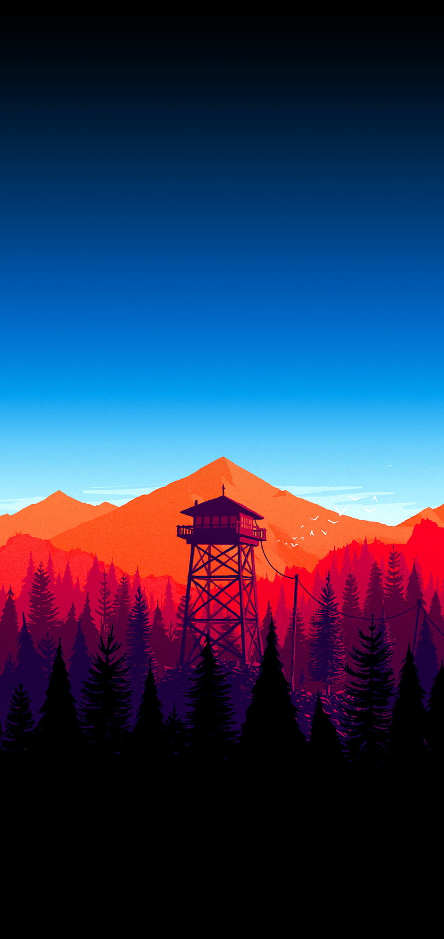 Vibrant Vector Illustration of a Fire Lookout Tower in a Pine Forest with Orange Mountains HD phone wallpaper