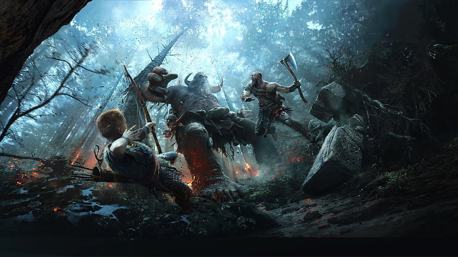 Kratos and Atreus battle a giant troll in a misty forest from God of War HD wallpaper