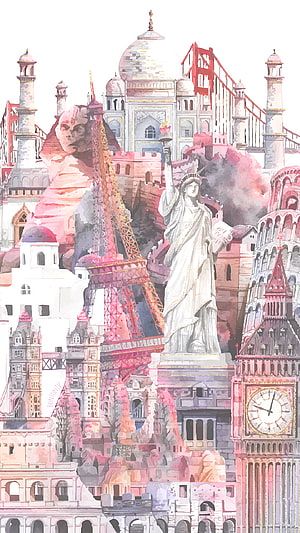 Watercolor Collage of World Landmarks Including Eiffel Tower and Statue of Liberty HD phone wallpaper