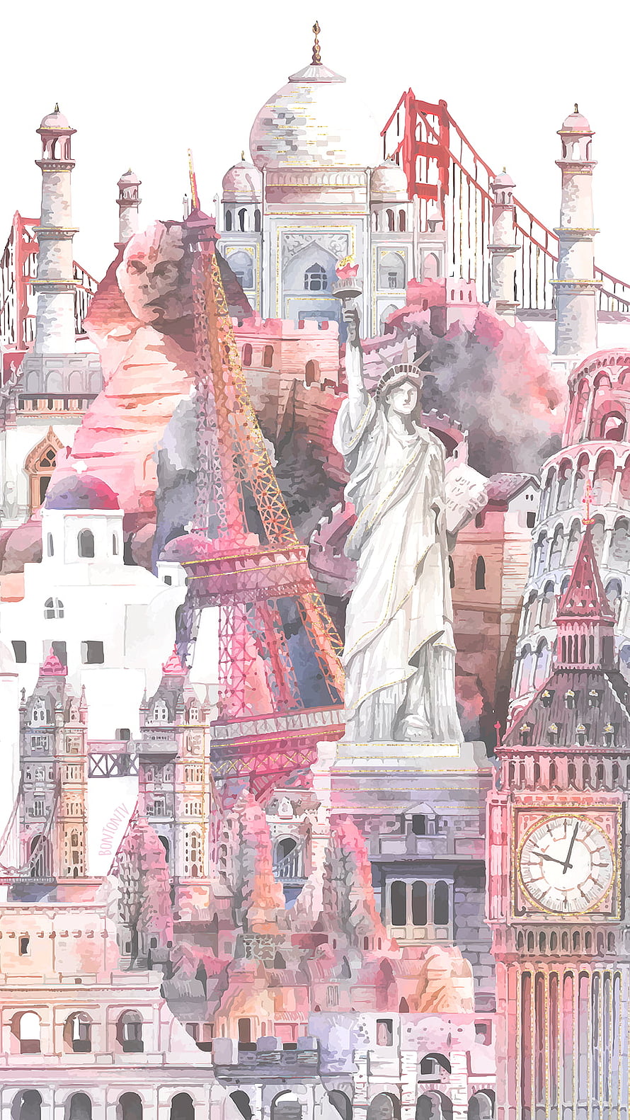 Watercolor Collage of World Landmarks Including Eiffel Tower and Statue of Liberty HD phone wallpaper
