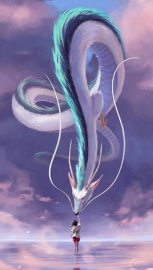 Giant ethereal dragon with teal mane touching noses with a girl in a dreamy purple sky, Day. snake, fiction, person, dragon, art for , day for , Mobile s d. Ghibli artwork, Anime scenery , Ghibli art, Haku Ghibli HD phone wallpaper