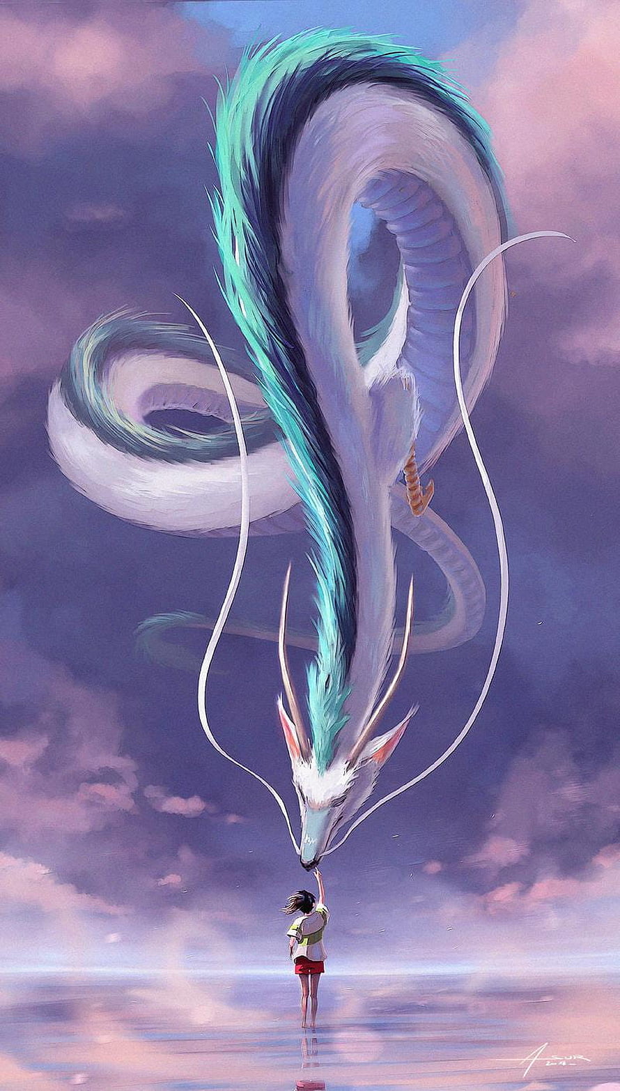 Giant ethereal dragon with teal mane touching noses with a girl in a dreamy purple sky, Day. snake, fiction, person, dragon, art for , day for , Mobile s d. Ghibli artwork, Anime scenery , Ghibli art, Haku Ghibli HD phone wallpaper