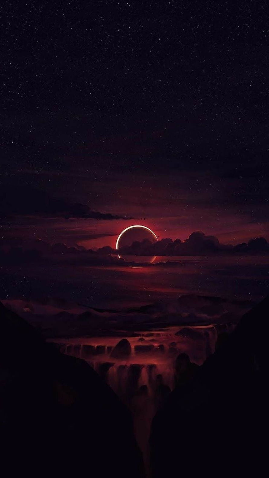 Dark Fantasy Landscape With Red Solar Eclipse Over Waterfall HD phone wallpaper