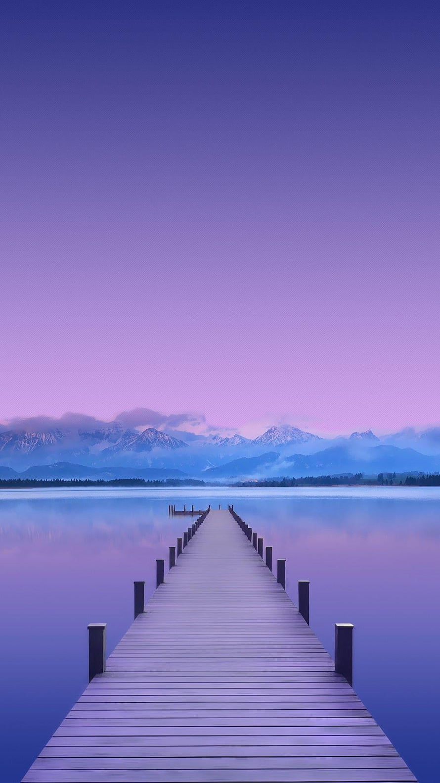 Serene Wooden Pier Extending Into Calm Lake With Snow-Capped Mountains Under a Purple Twilight Sky HD phone wallpaper