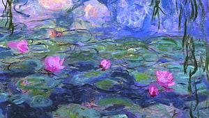Claude Monet Water Lilies Impressionist Pond Painting with Pink Flowers and Blue Water HD wallpaper