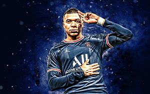 Kylian Mbappe in Paris Saint-Germain Blue Jersey Saluting with Hand on Forehead HD wallpaper