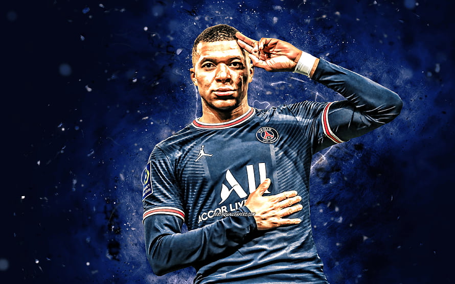Kylian Mbappe in Paris Saint-Germain Blue Jersey Saluting with Hand on Forehead HD wallpaper
