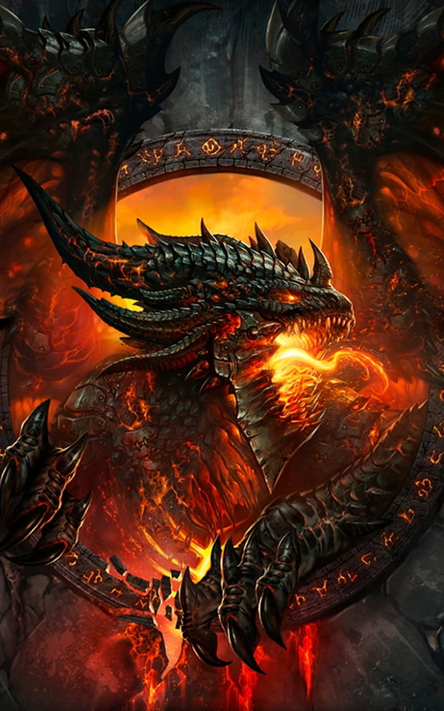 Molten Fire Dragon Breathing Flames in Dark Fantasy Portal HD phone wallpaper