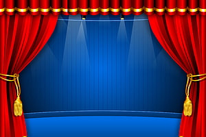 Red Theater Stage Curtains With Gold Tassels And Blue Backdrop HD wallpaper
