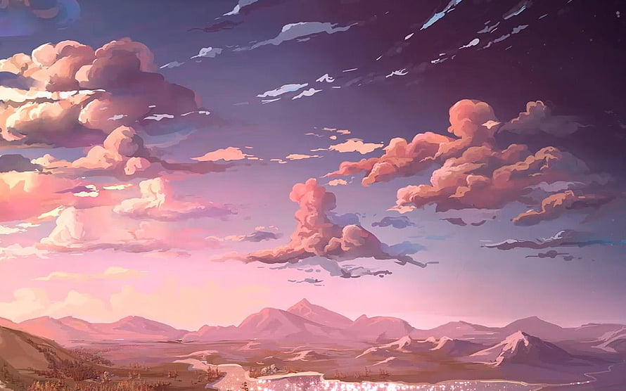 Anime Style Sunset Landscape With Pink Clouds And Mountains HD wallpaper