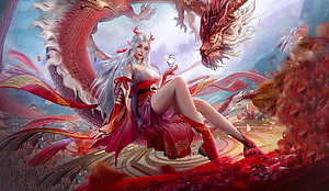 Ethereal Dragon Lady Fantasy Art with Red Chinese Dragon and Flowing Ribbons HD wallpaper