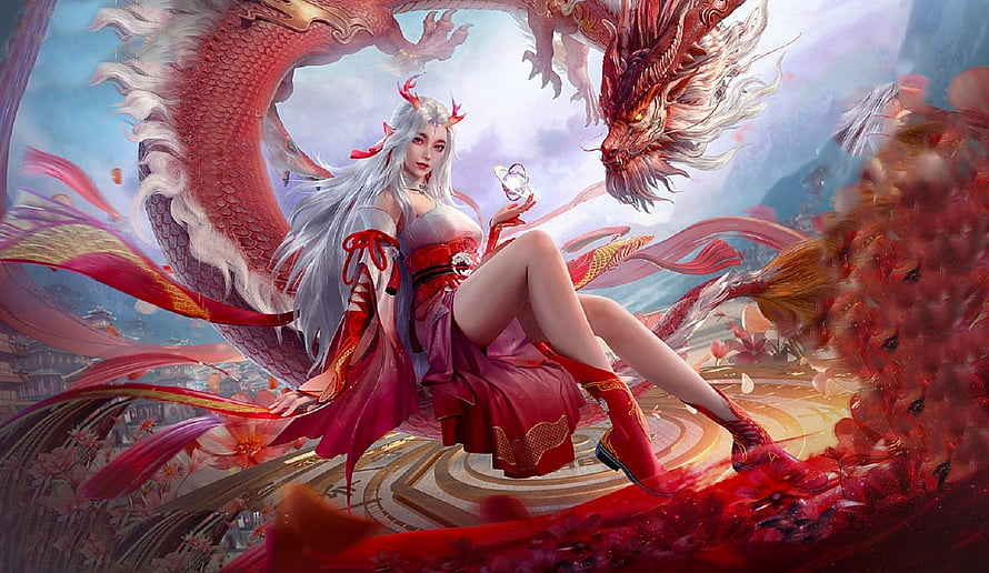 Ethereal Dragon Lady Fantasy Art with Red Chinese Dragon and Flowing Ribbons HD wallpaper