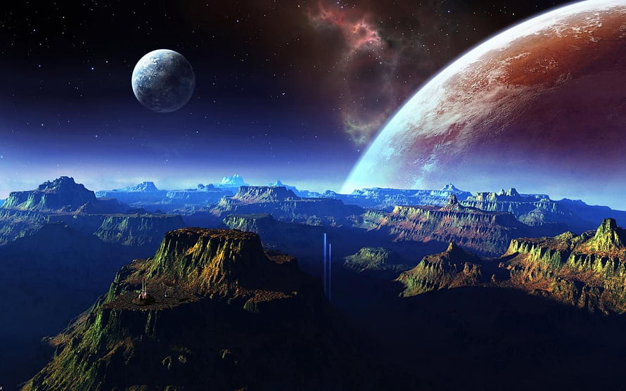 Alien Planet Landscape With Giant Red Planet And Distant Moon In Starry Sky HD wallpaper