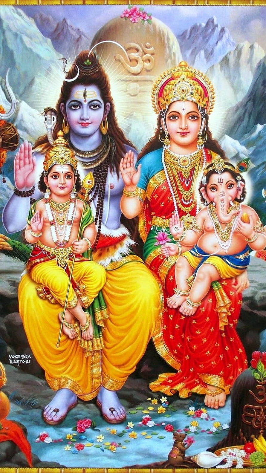 Lord Shiva and Parvati with Ganesha and Kartikeya in Himalayan Setting HD phone wallpaper