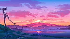 Serene Anime Sunset Landscape With Lake, Mountains, and Power Lines HD wallpaper